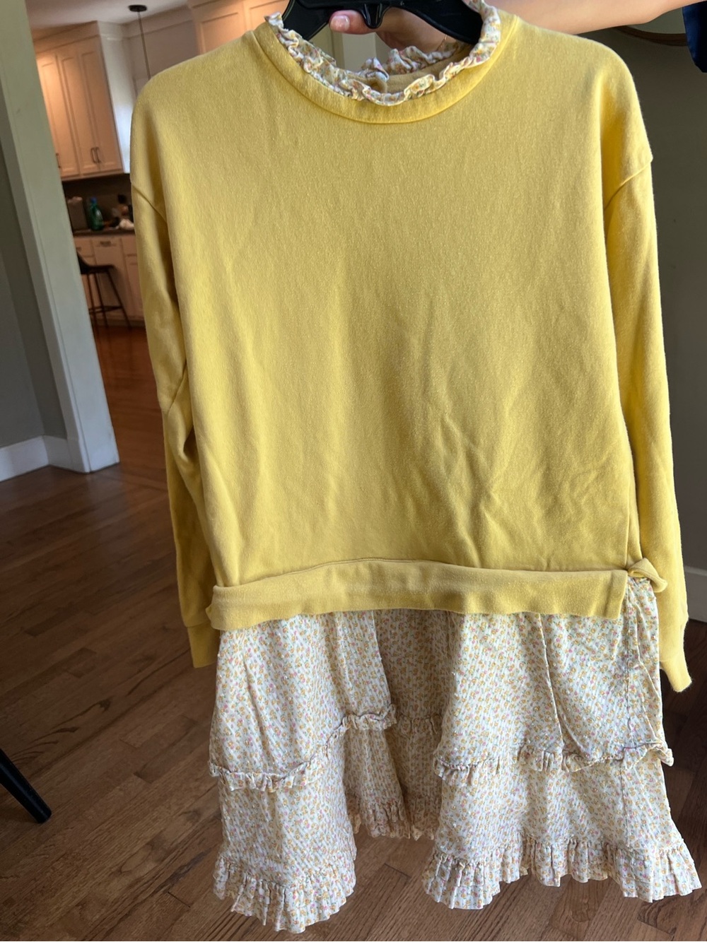 Mini Boden Yellow Layered Sweatshirt Dress with Floral Ruffle Skirt